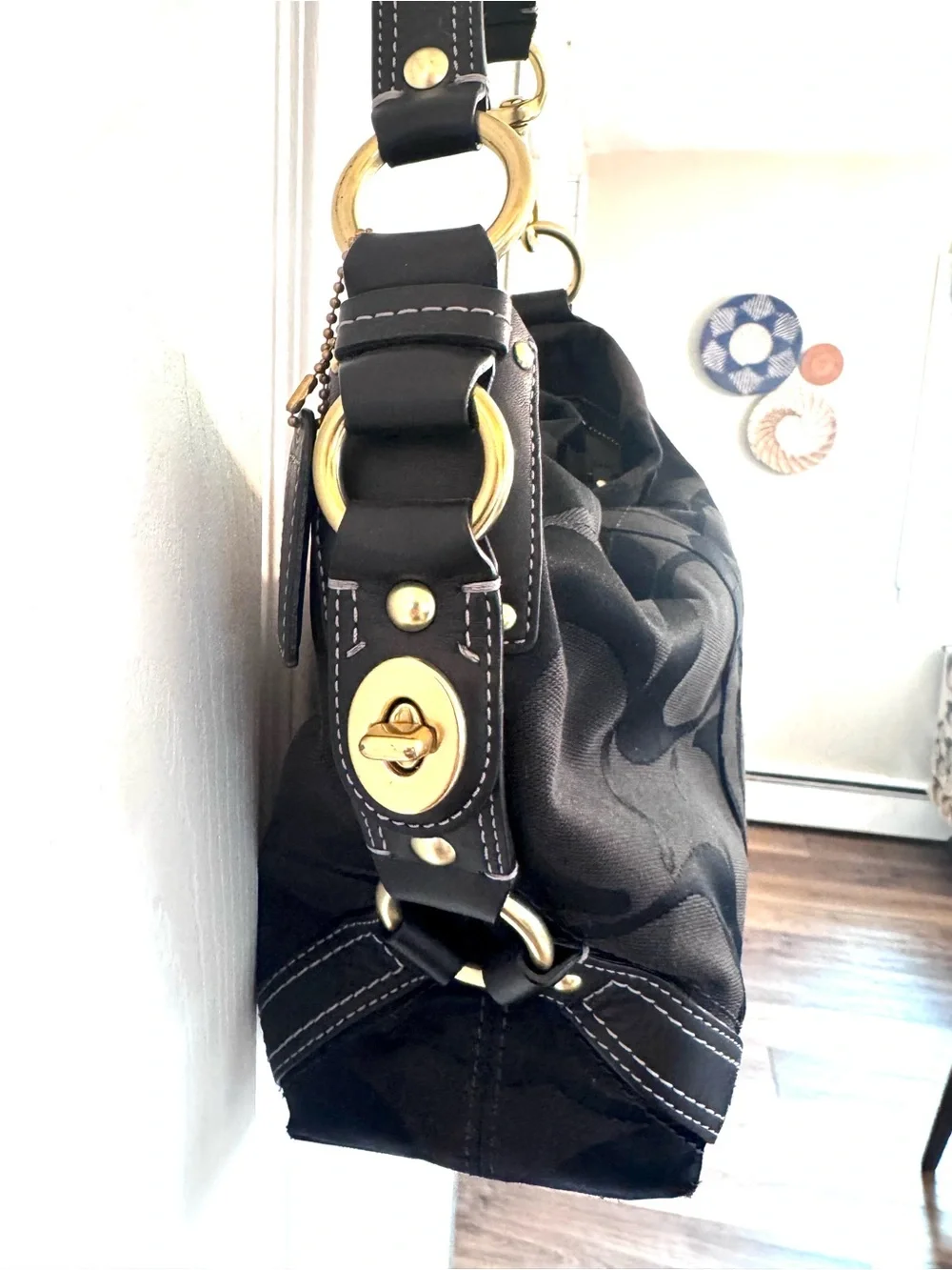 Vintage Y2K Coach Carly Black Shoulder Bag with Signature C Jacquard Pattern
